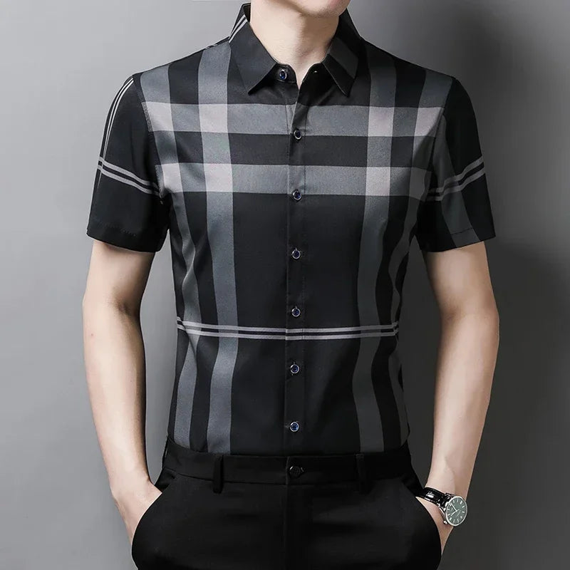 Men's Business Casual Short Sleeve Shirt New No Iron Wrinkle Resistant Top Easy Care Comfortable Fit for Office And Work