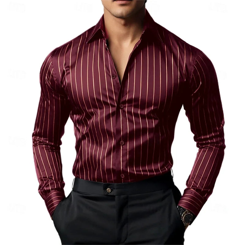 Men's striped long-sleeved shirt, business casual, versatile, with lapel collar and button design, available in 19 colors.